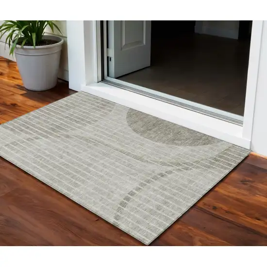 Taupe Beige And Ivory Striped Washable Indoor Outdoor Area Rug Photo 1