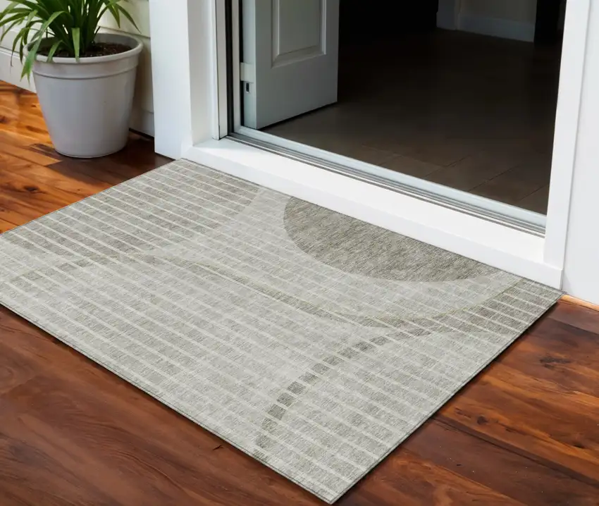 Taupe Beige And Ivory Striped Washable Indoor Outdoor Area Rug Photo 1
