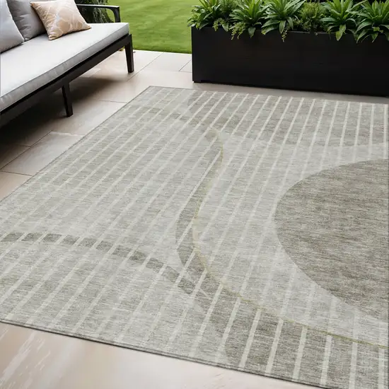 Taupe Beige And Ivory Striped Washable Indoor Outdoor Area Rug Photo 1
