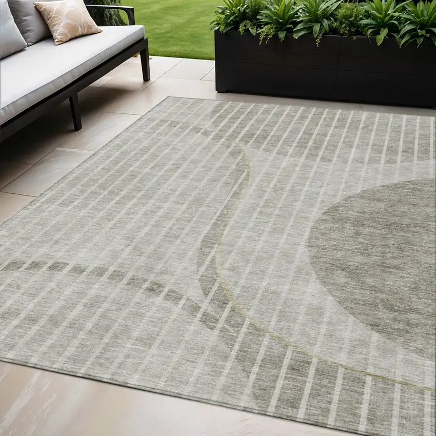 Taupe Beige And Ivory Striped Washable Indoor Outdoor Area Rug Photo 1