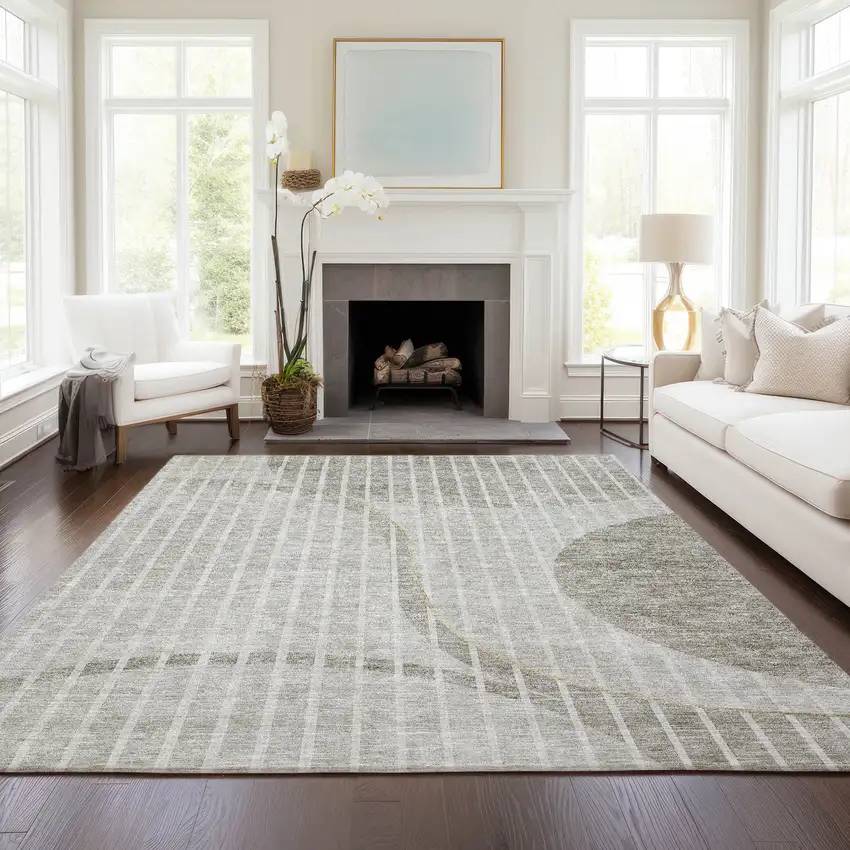 Taupe Beige And Ivory Striped Washable Indoor Outdoor Area Rug Photo 7