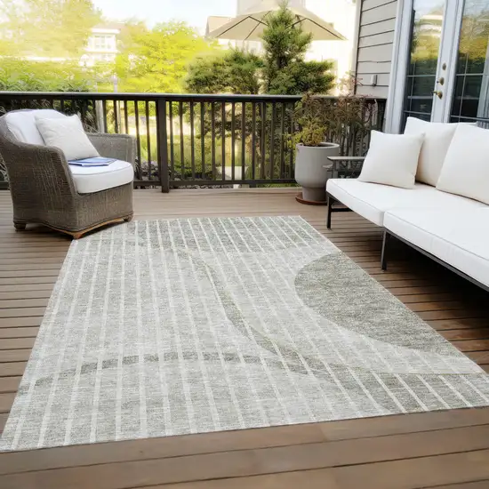 Taupe Beige And Ivory Striped Washable Indoor Outdoor Area Rug Photo 9