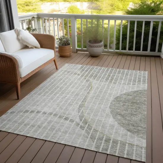 Taupe Beige And Ivory Striped Washable Indoor Outdoor Area Rug Photo 6
