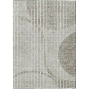 Photo of Taupe Beige And Ivory Striped Washable Indoor Outdoor Area Rug