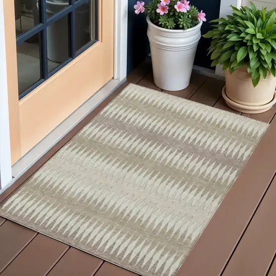 Taupe Beige And Ivory Striped Washable Indoor Outdoor Area Rug Photo 1