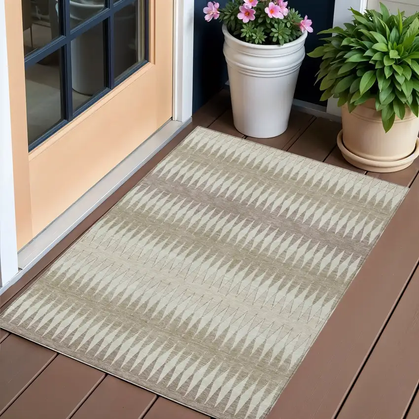 Taupe Beige And Ivory Striped Washable Indoor Outdoor Area Rug Photo 1