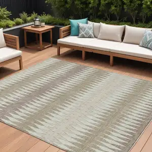 Photo of Taupe Beige And Ivory Striped Washable Indoor Outdoor Area Rug