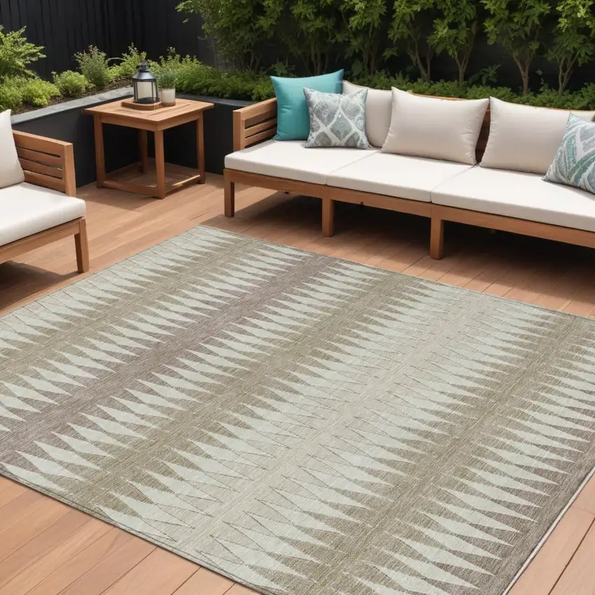 Taupe Beige And Ivory Striped Washable Indoor Outdoor Area Rug Photo 1