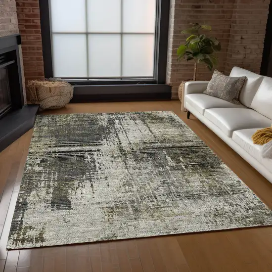 Taupe Beige And Olive Green Abstract Washable Indoor Outdoor Area Rug Photo 9