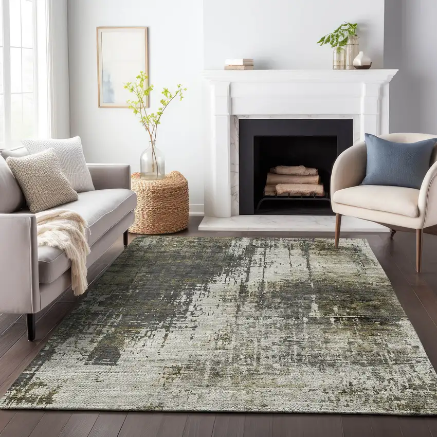 Taupe Beige And Olive Green Abstract Washable Indoor Outdoor Area Rug Photo 8