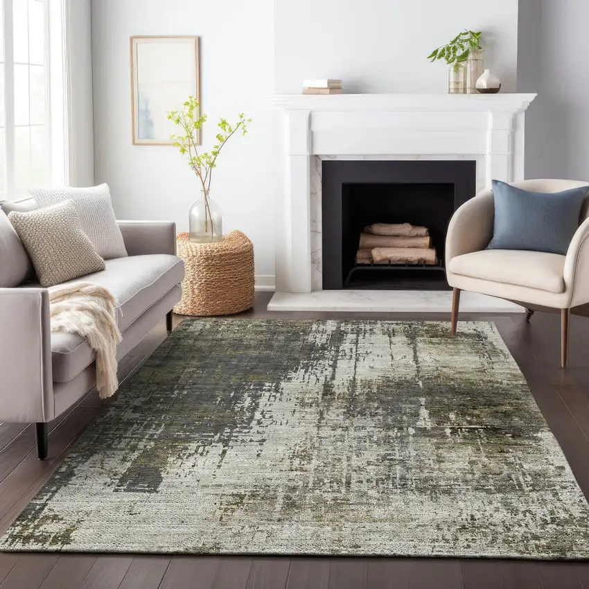 Taupe Beige And Olive Green Abstract Washable Indoor Outdoor Area Rug Photo 8