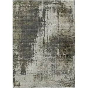 Photo of Taupe Beige And Olive Green Abstract Washable Indoor Outdoor Area Rug