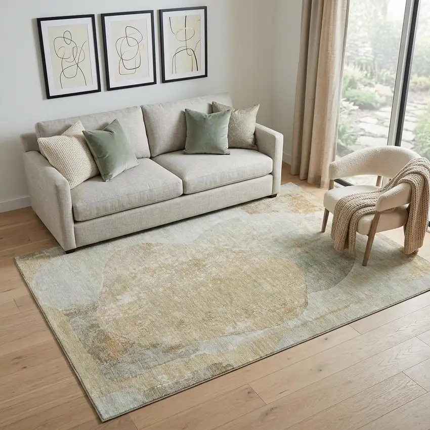 Taupe Beige And Rust Abstract Washable Area Rug With UV Protection Photo 1