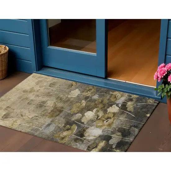 Taupe Beige And Tan Floral Washable Indoor Outdoor Area Rug Photo 1
