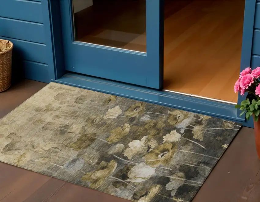 Taupe Beige And Tan Floral Washable Indoor Outdoor Area Rug Photo 1