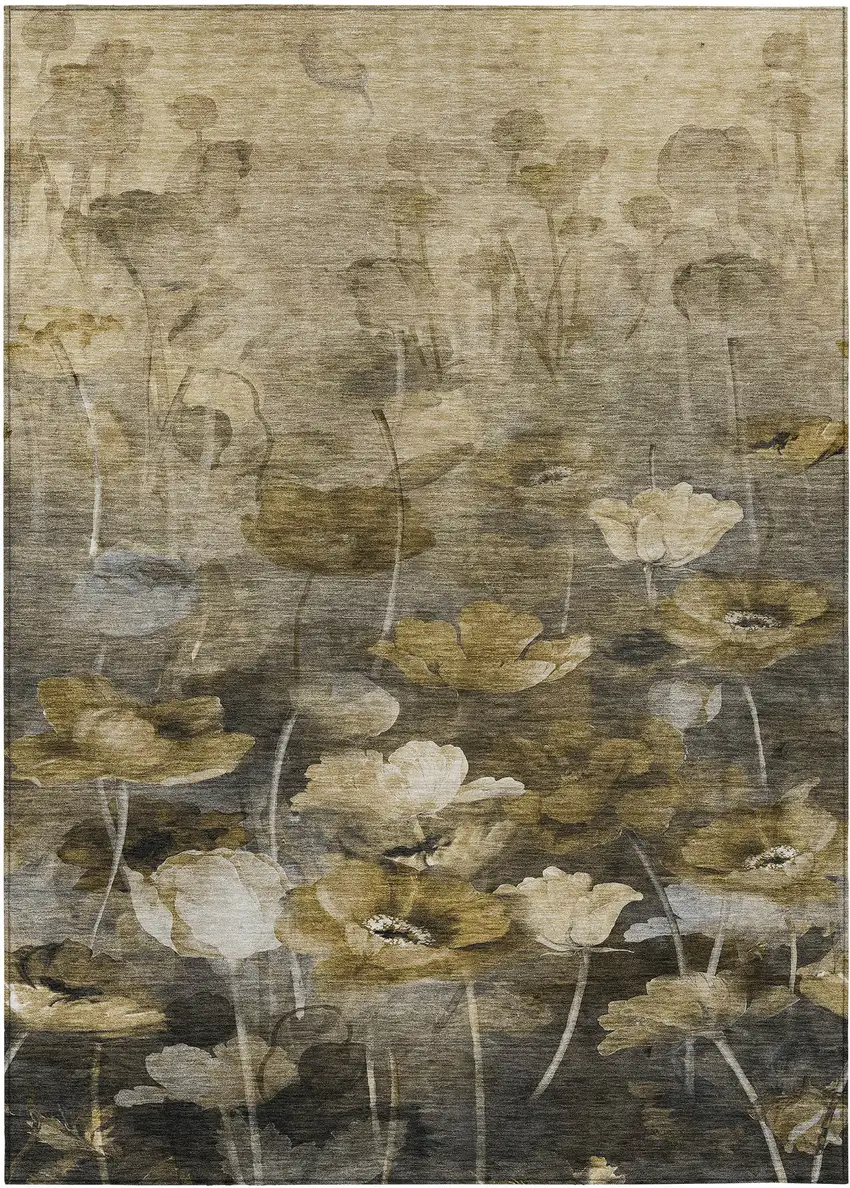 Taupe Beige And Tan Floral Washable Indoor Outdoor Area Rug Photo 2
