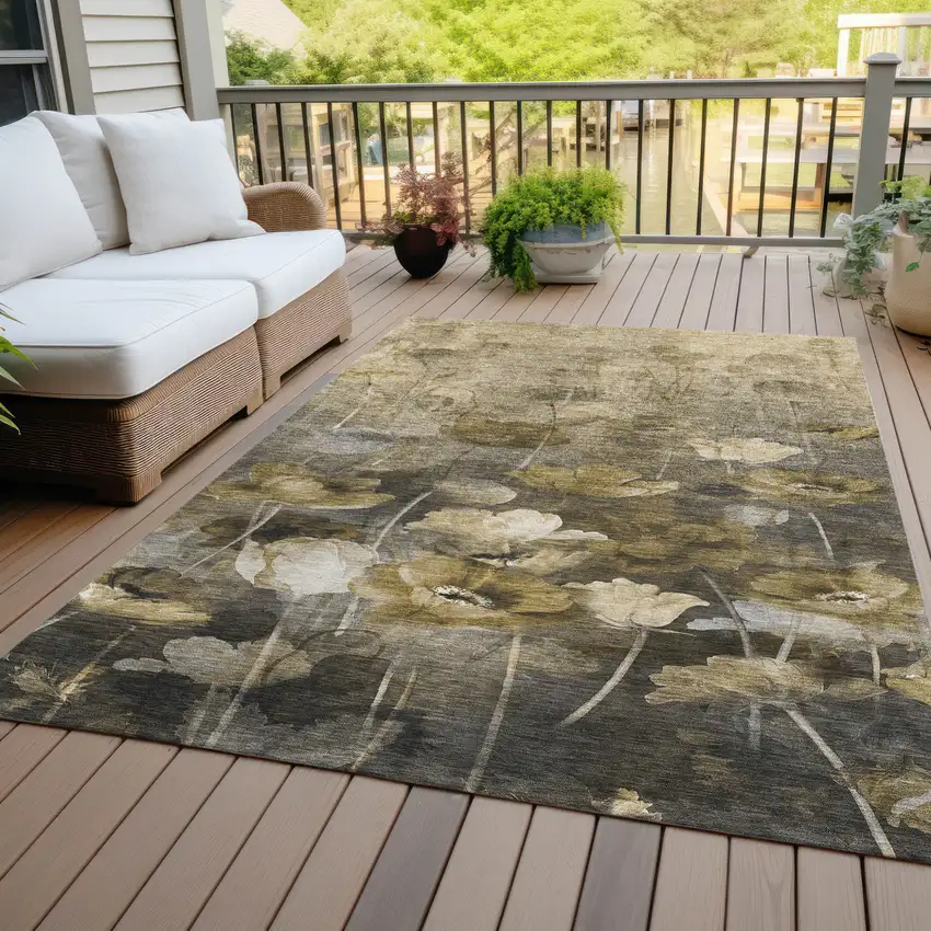 Taupe Beige And Tan Floral Washable Indoor Outdoor Area Rug Photo 9