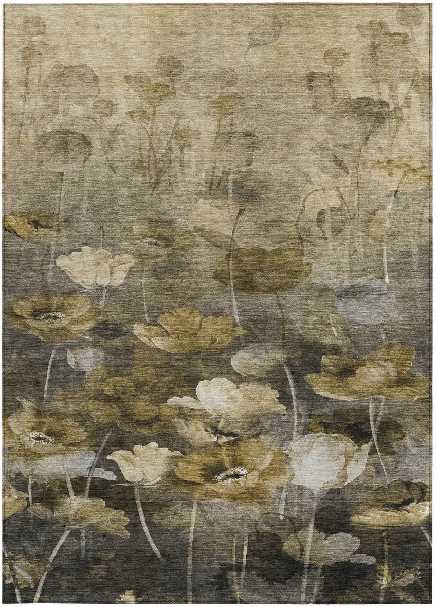 Taupe Beige And Tan Floral Washable Indoor Outdoor Area Rug Photo 6