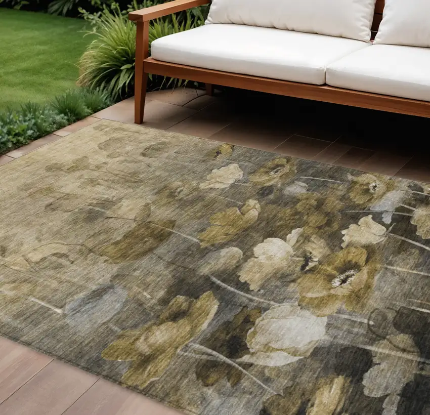 Taupe Beige And Tan Floral Washable Indoor Outdoor Area Rug Photo 1
