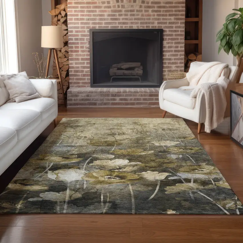 Taupe Beige And Tan Floral Washable Indoor Outdoor Area Rug Photo 8