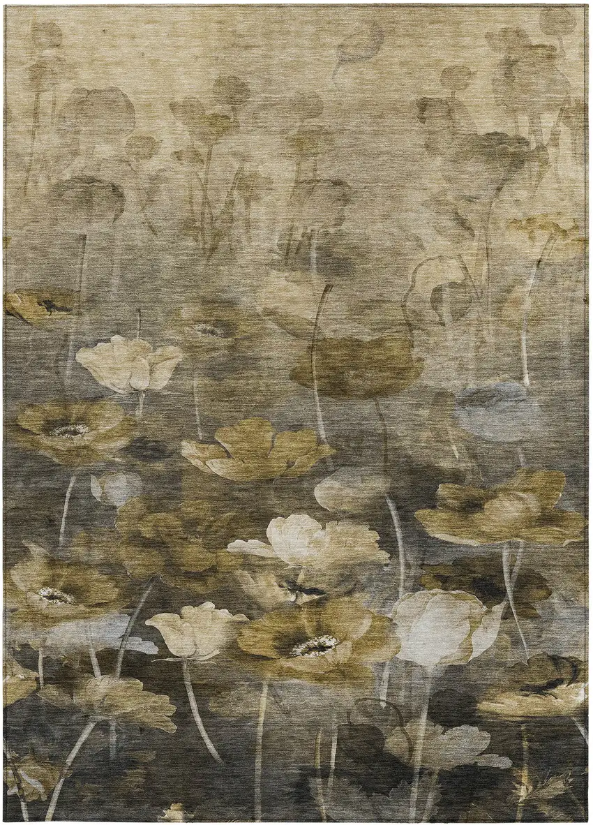Taupe Beige And Tan Floral Washable Indoor Outdoor Area Rug Photo 6