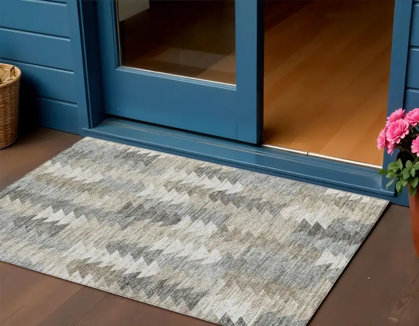 Taupe Beige And Tan Geometric Washable Indoor Outdoor Area Rug Photo 1