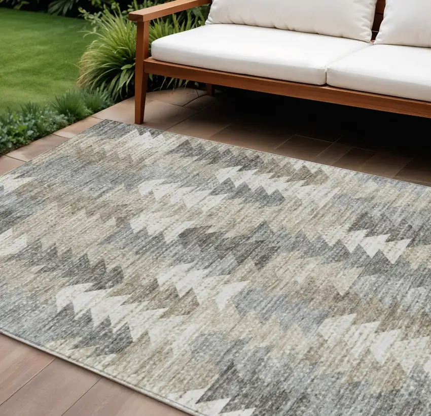 Taupe Beige And Tan Geometric Washable Indoor Outdoor Area Rug Photo 1