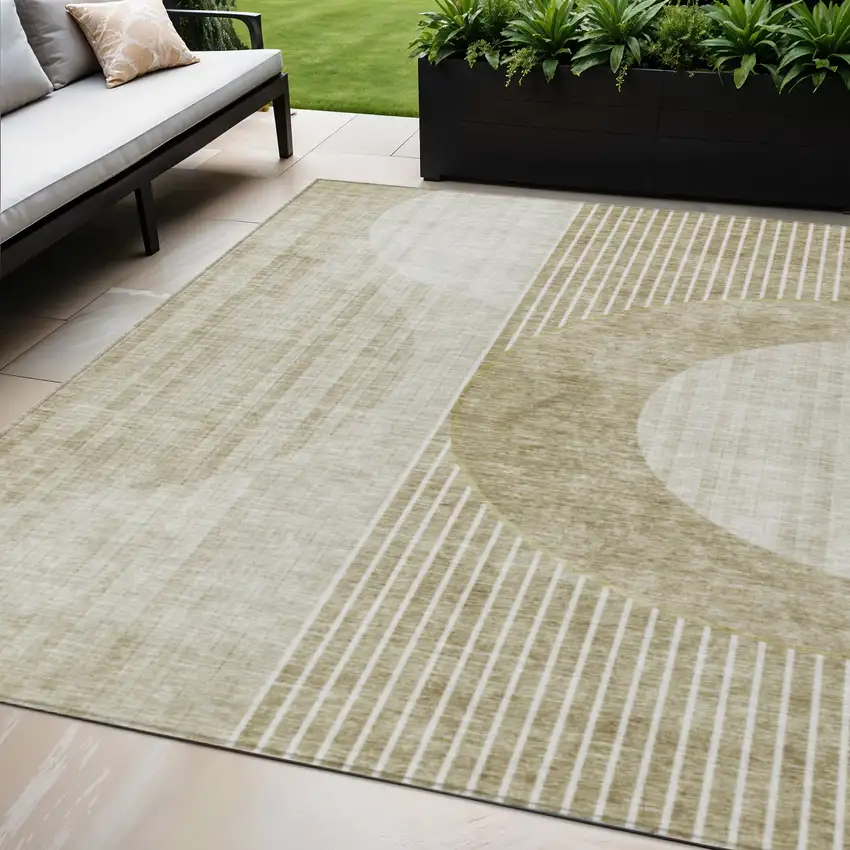 Taupe Beige And Tan Geometric Washable Indoor Outdoor Area Rug Photo 1