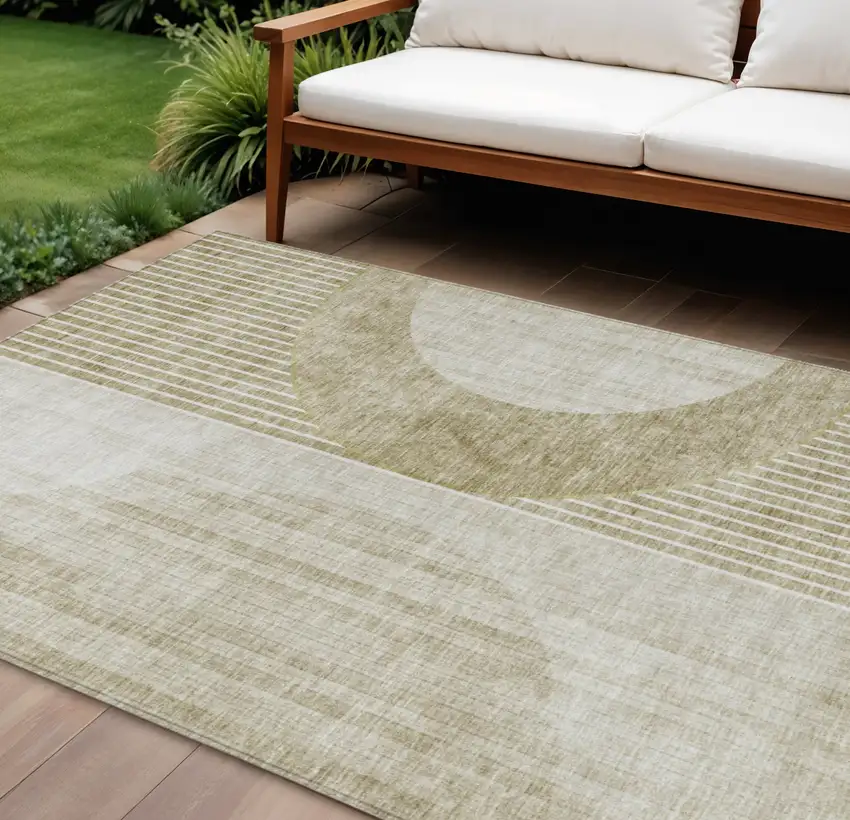 Taupe Beige And Tan Geometric Washable Indoor Outdoor Area Rug Photo 1
