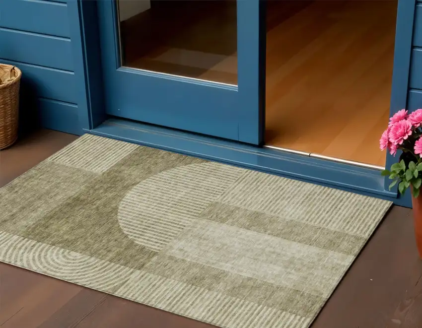 Taupe Beige And Tan Geometric Washable Indoor Outdoor Area Rug Photo 1