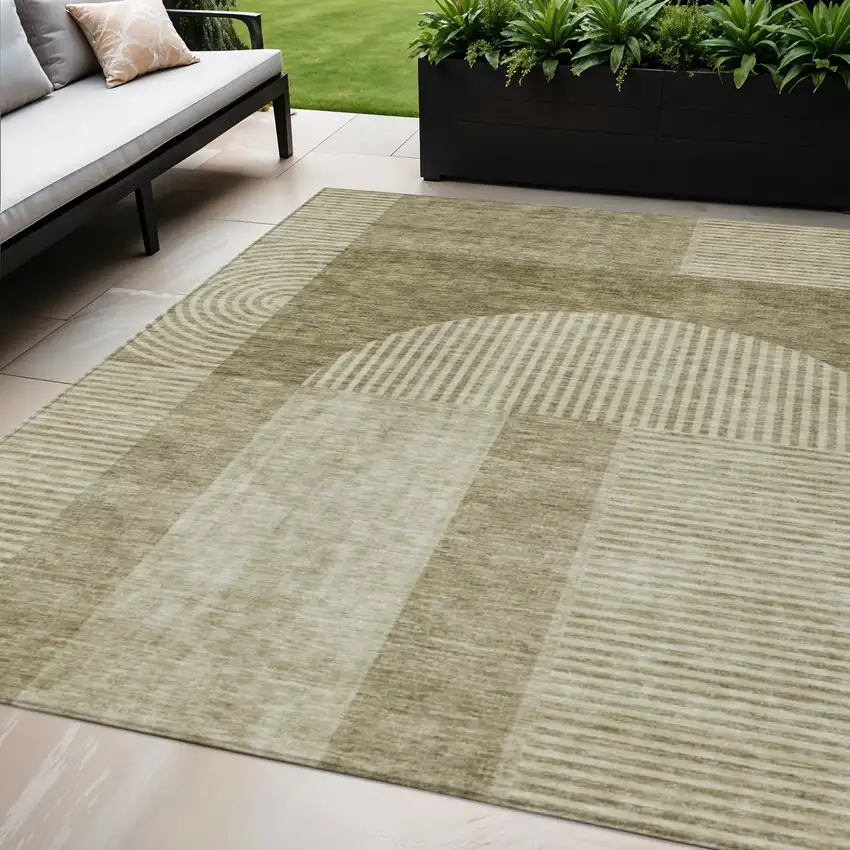 Taupe Beige And Tan Geometric Washable Indoor Outdoor Area Rug Photo 1