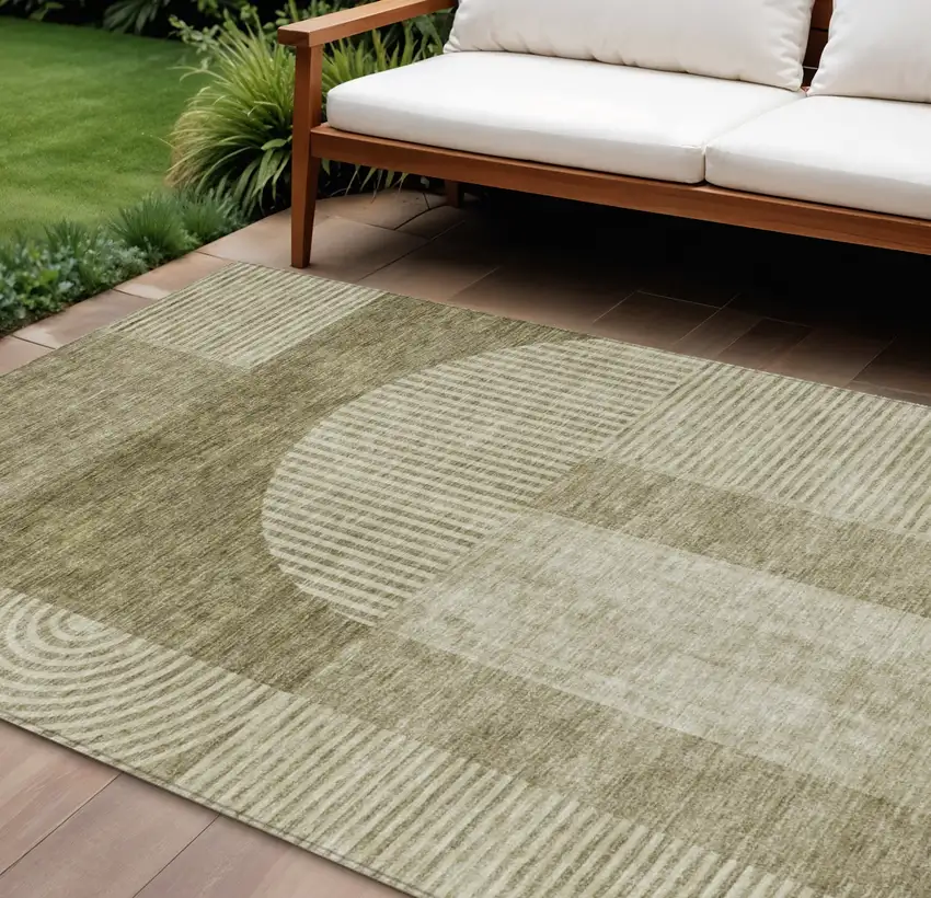 Taupe Beige And Tan Geometric Washable Indoor Outdoor Area Rug Photo 1