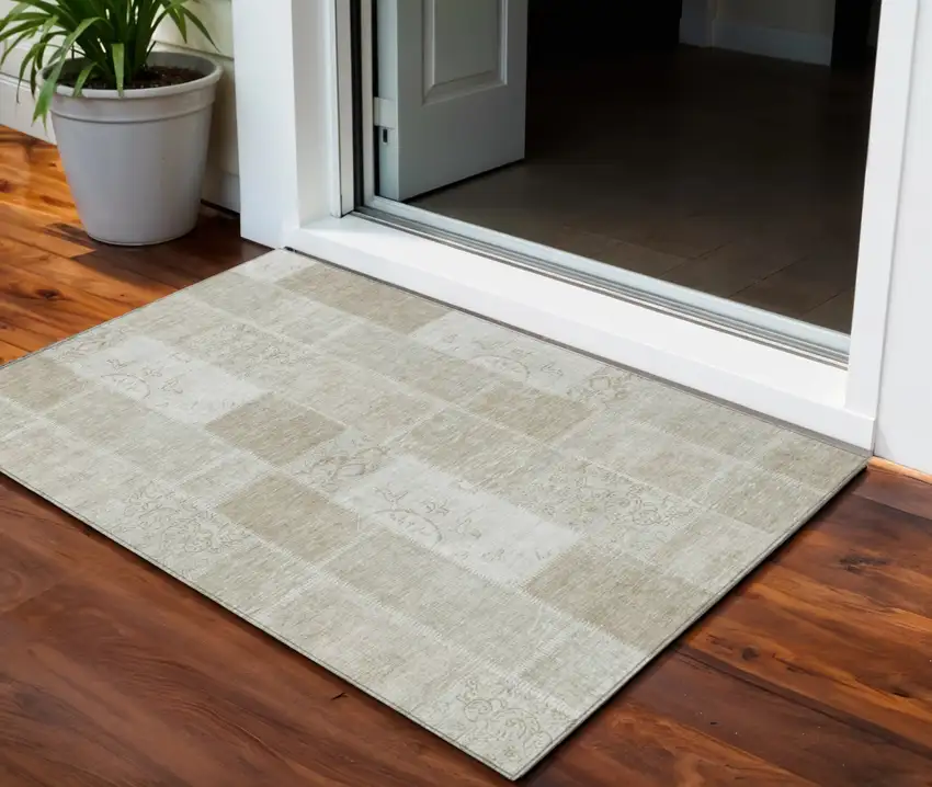 Taupe Beige And Tan Patchwork Washable Indoor Outdoor Area Rug Photo 1