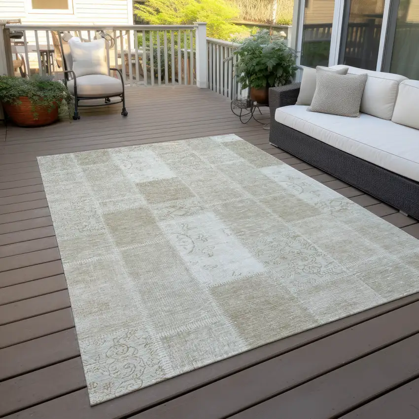 Taupe Beige And Tan Patchwork Washable Indoor Outdoor Area Rug Photo 7