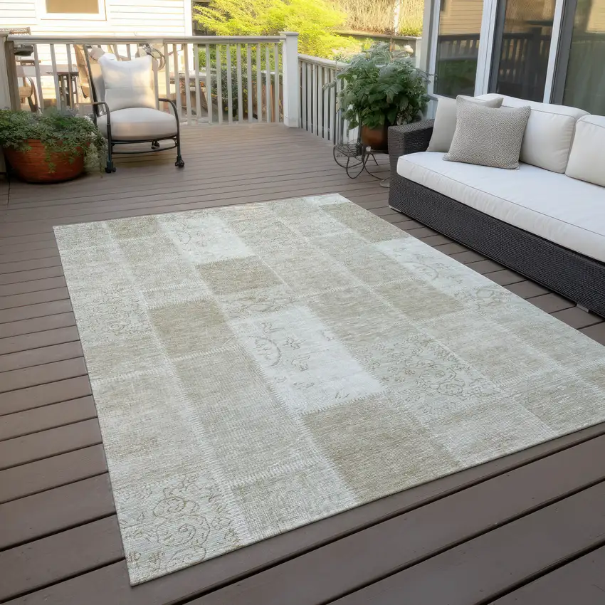 Taupe Beige And Tan Patchwork Washable Indoor Outdoor Area Rug Photo 7