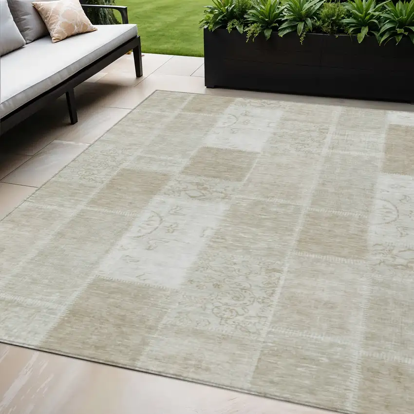 Taupe Beige And Tan Patchwork Washable Indoor Outdoor Area Rug Photo 1