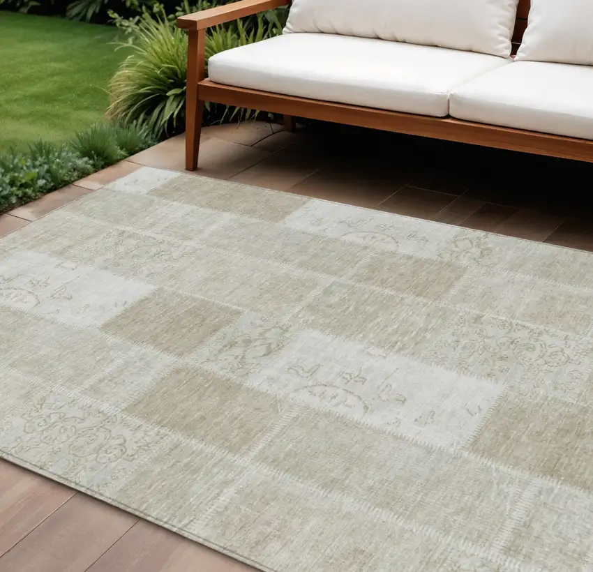 Taupe Beige And Tan Patchwork Washable Indoor Outdoor Area Rug Photo 1