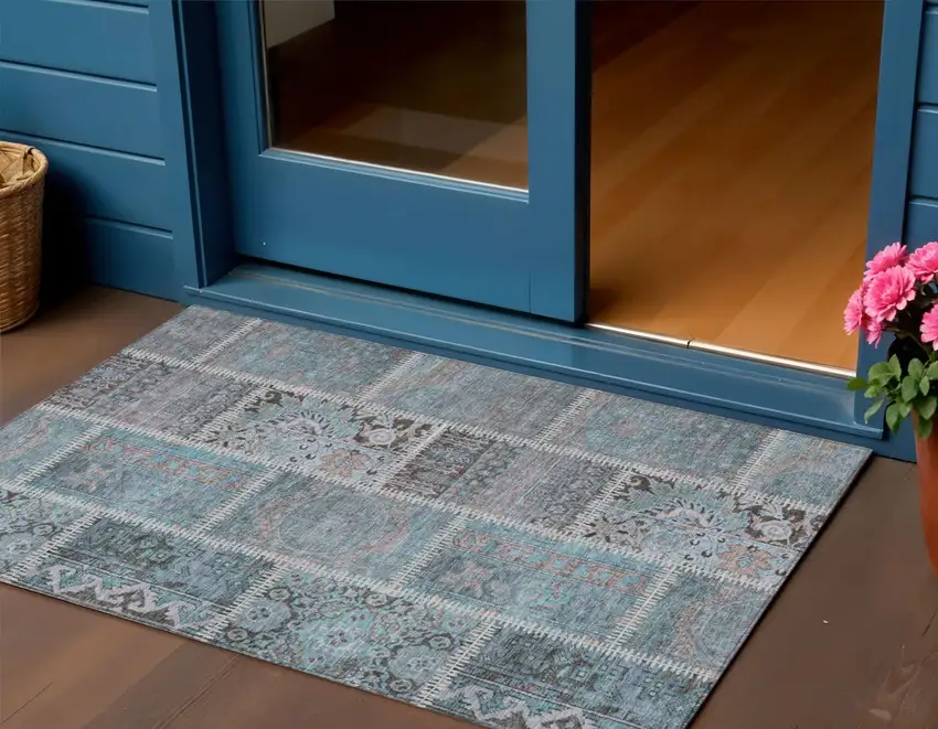 Taupe Beige And Tan Patchwork Washable Indoor Outdoor Area Rug Photo 1