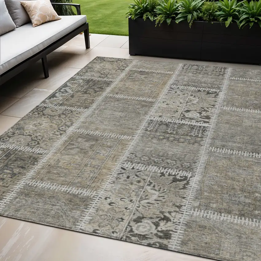 Taupe Beige And Tan Patchwork Washable Indoor Outdoor Area Rug Photo 1
