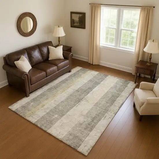 Taupe Beige And Tan Striped Washable Area Rug With UV Protection Photo 2