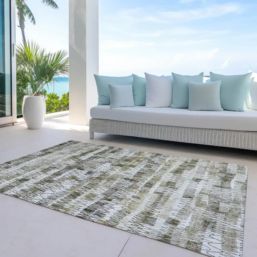 Taupe Beige And Tan Striped Washable Indoor Outdoor Area Rug Photo 7