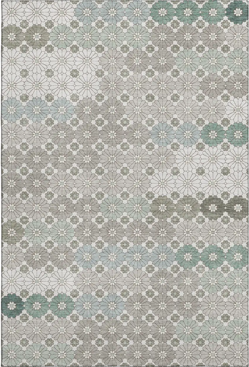 Taupe Beige And Teal Geometric Washable Area Rug With UV Protection Photo 1