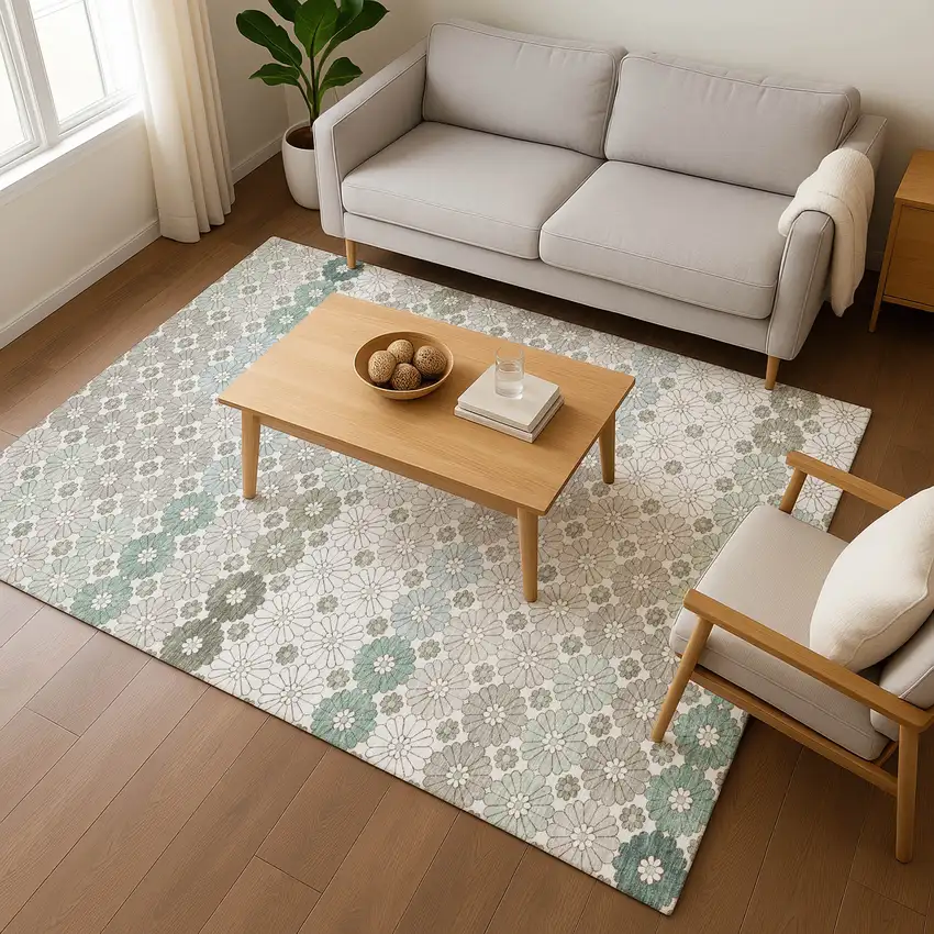 Taupe Beige And Teal Geometric Washable Area Rug With UV Protection Photo 5