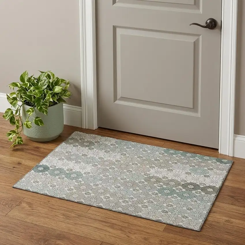 Taupe Beige And Teal Geometric Washable Area Rug With UV Protection Photo 1