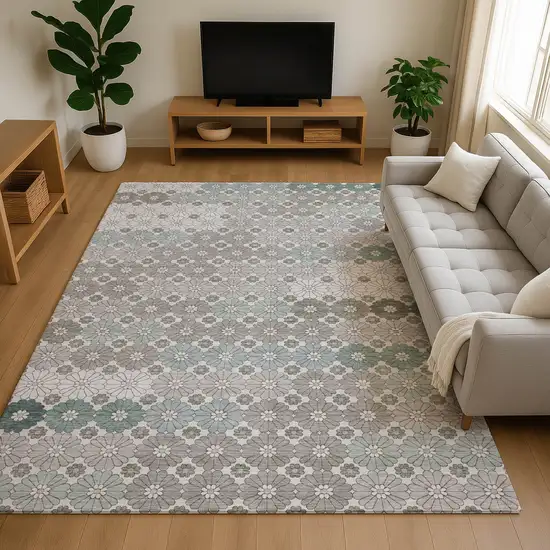 Taupe Beige And Teal Geometric Washable Area Rug With UV Protection Photo 4