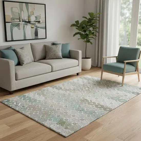 Taupe Beige And Teal Geometric Washable Area Rug With UV Protection Photo 2