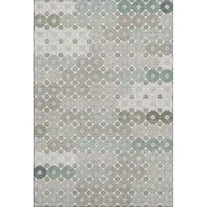 Photo of Taupe Beige And Teal Geometric Washable Area Rug With UV Protection