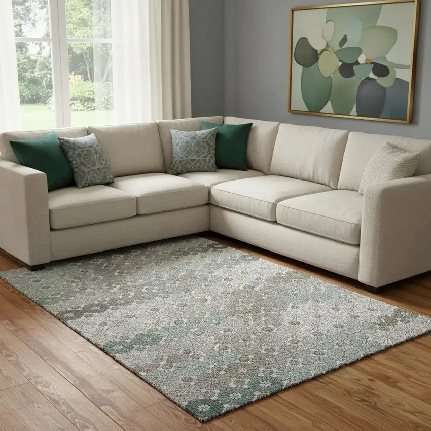 Taupe Beige And Teal Geometric Washable Area Rug With UV Protection Photo 2