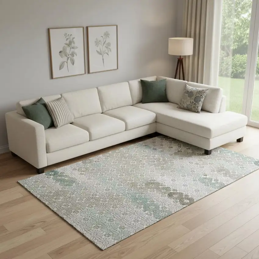 Taupe Beige And Teal Geometric Washable Area Rug With UV Protection Photo 2