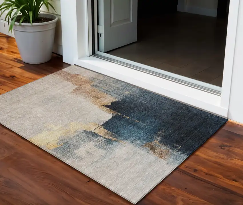 Taupe Black And Blue Abstract Washable Indoor Outdoor Area Rug Photo 1